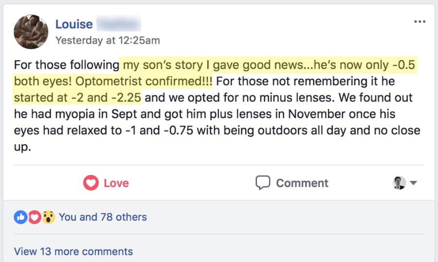 Louise — child myopia recovery Facebook post