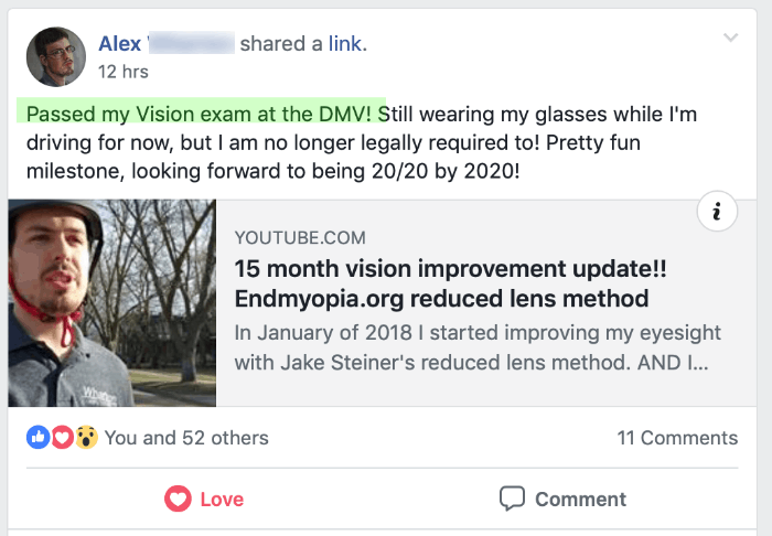 Facebook post — Alex passed the DMV vision test without glasses