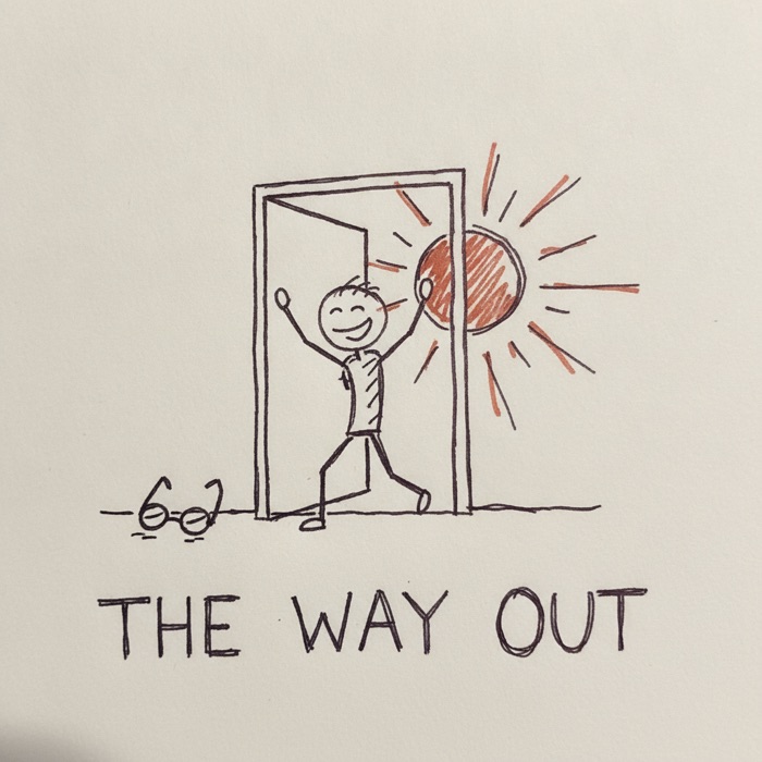 A figure walking into the sun, tossing their glasses — the way out