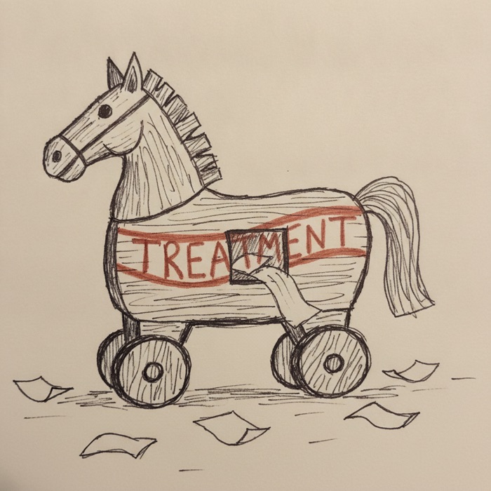 A Trojan horse labelled TREATMENT, a subscription spilling out of its belly