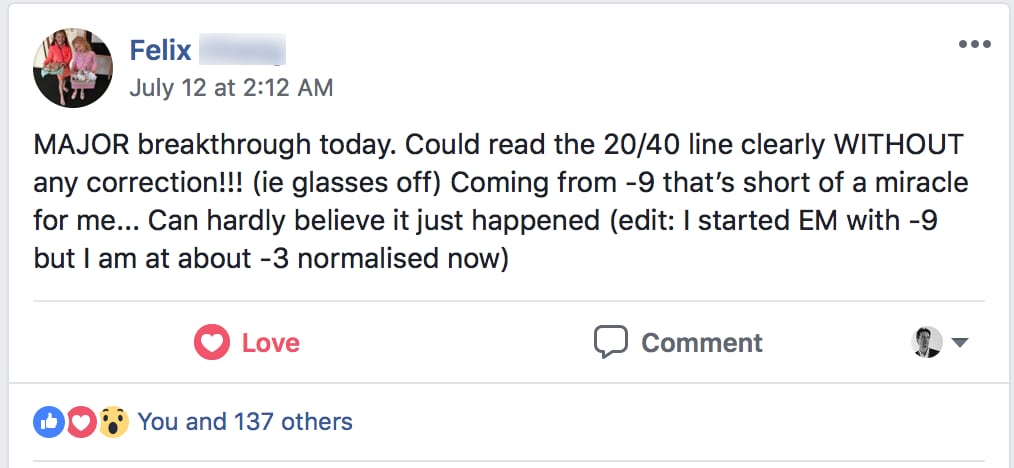 Facebook post — Felix reports his diopter gains