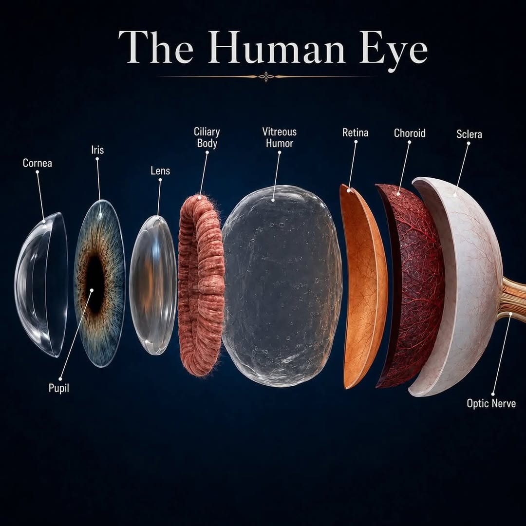 The human eye, exploded into its parts: cornea, iris, lens, ciliary body, vitreous humor, retina, choroid, sclera, optic nerve