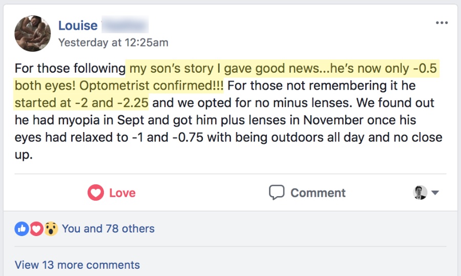 Facebook post — Louise on her child's myopia progress