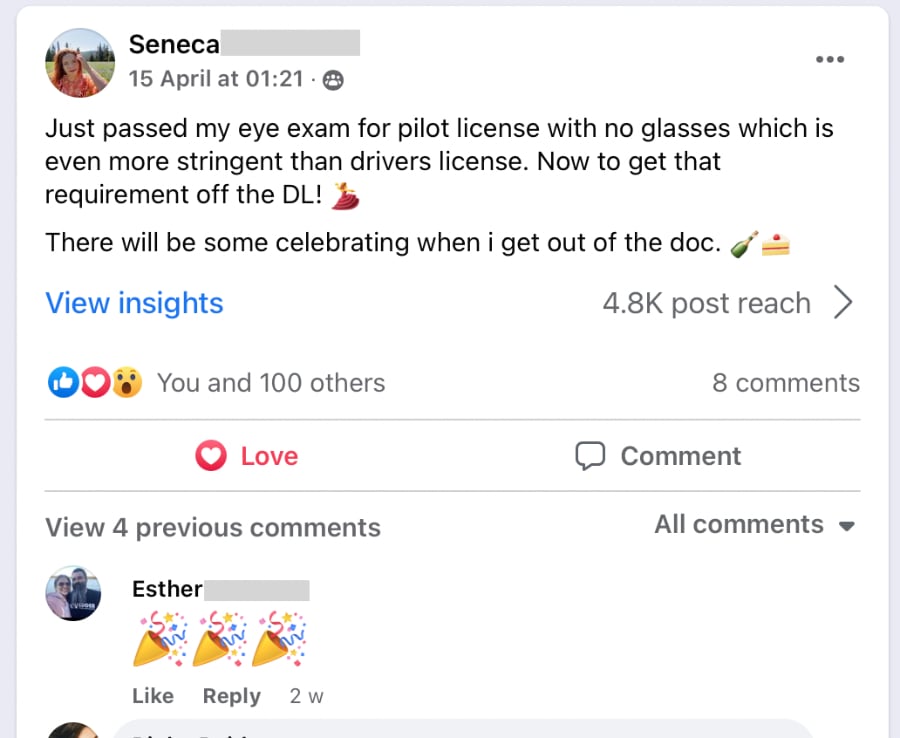 Facebook post — Seneca's progress