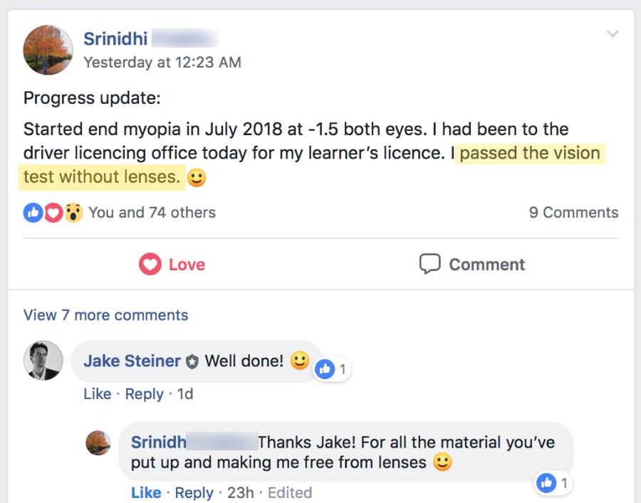 Facebook post — Srinidhi, no glasses